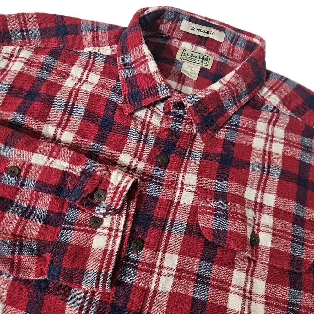 VTG LL Bean Flannel L Tall Cloth Button Shirt Plaid Red Blue 80s LT